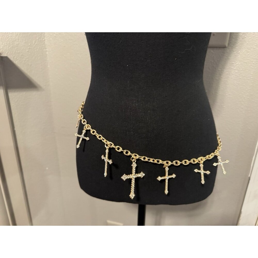 NOIR Belt Long Rope Link Chain CZ Cross Goldtone Adjustable XL Extra Large NEW - Picture 4 of 13